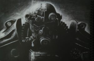 Fallout Power armor, White pencil on Black paper, 2019