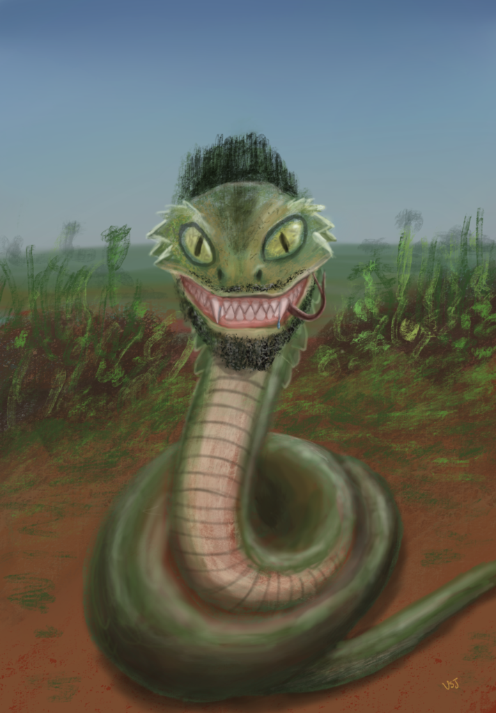 Anthropomorphized Toxic Snake sketch: I think adding only hair, teeth and beard is a suitable way to visually anthropomorphize a snake, while not sacrificing its reptilian features.