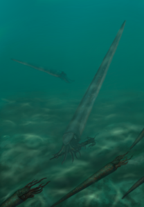Larger Endoceras hunting a School of Michelinoceras, Procreate, 2025.